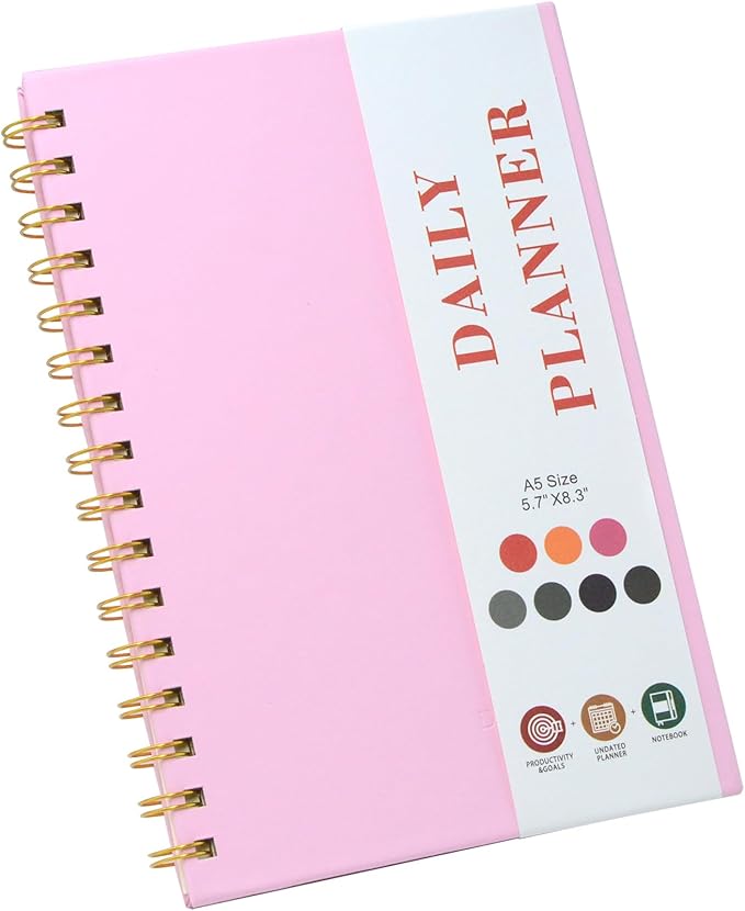 Daily Planner Notebook Spiral To Do List Notepad Undated Planner with Sticky Tabs and Interior Pockets 5.7" x 8.5",140 Pages Easily Manage Your Tasks and Productivity (1pcs Pink)