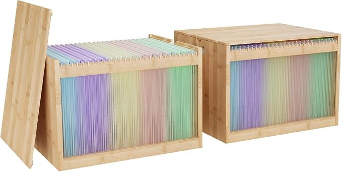 Bamboo Hanging File Organizer, Desktop File Box with Lids, 2 Pack, Natural | Removable Lid, Clear Acrylic Side Panels, 4 Hanging Folders Included, Helps Reduce Dust, Letter & Legal Size, Easy Assembly