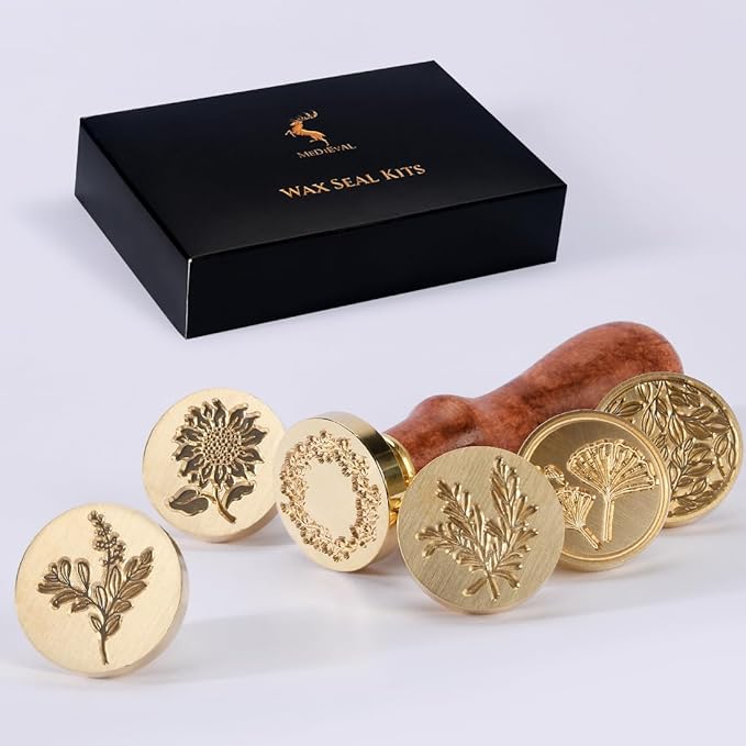 Wax Seal Stamp Set, 6 pcs Brass Head Wax Stamp & 1 Wooden Handle, 6 Botanical Designs (Rosemary, Sunflower, Ginkgo Leaf, Wreath, Leaves, Eucalyptus)