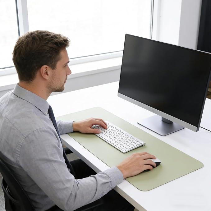 Large Double Sided Desk Mat 31.5" x 15.7" PU Leather Cork Mouse Pad | Large Green Overlocked Edge Desk Pad Protector for Office Home Gaming Laptop Vanity, Overlocked with Matching Thread