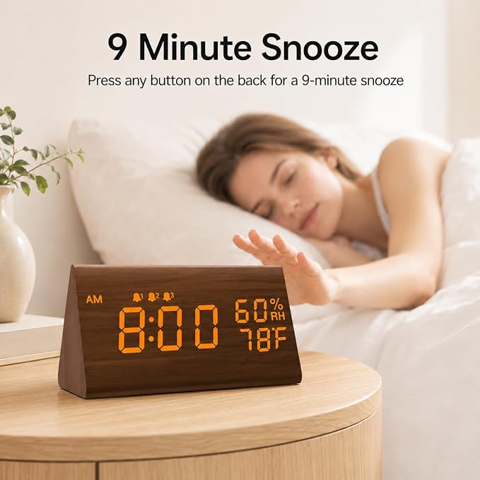 JALL Wooden Digital Alarm Clock for Bedrooms and Office, 3 Alarms with Big Digits, Humidity and Temperature Display, 6-Level Dimmer, Snooze, Loud Desk Clock for Heavy Sleepers, Plug in (Brown)