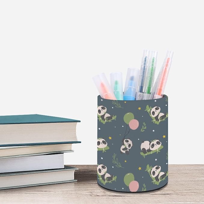 Cute Panda Pen Holder for Desk PU Pencil Cup Organizer | Round Desks Makeup Brush Holder for School Multifunctional Office Supplies