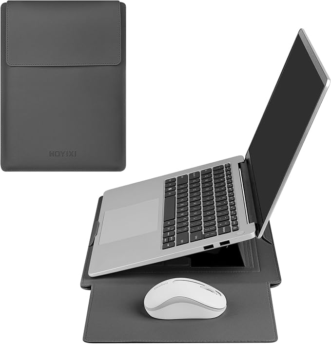 HoYiXi 15.6" Laptop Sleeve Case PU Leather with Stand Compatible with MacBook Pro 16/15.4'' MacBook Pro 15, Mac Air 15/ Dell, Matebook,Asus,15-16'' Laptop Bag,(Patent Pending),Gray