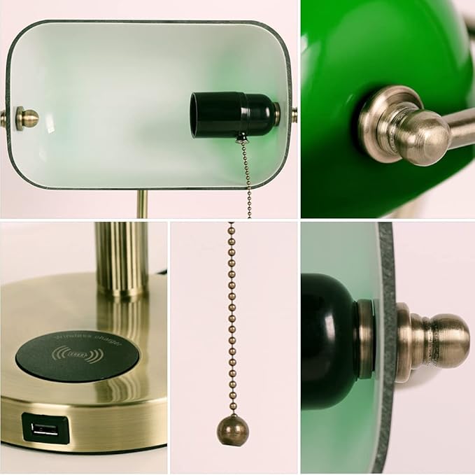 FIRVRE Glass Bankers Desk Lamp USB Wireless Charging Port LED Desk Lamp Classic Retro Pull Chain Switch Table lamp Reading Modern for Home Office nightstand Bedside Study Desk Library (Green)