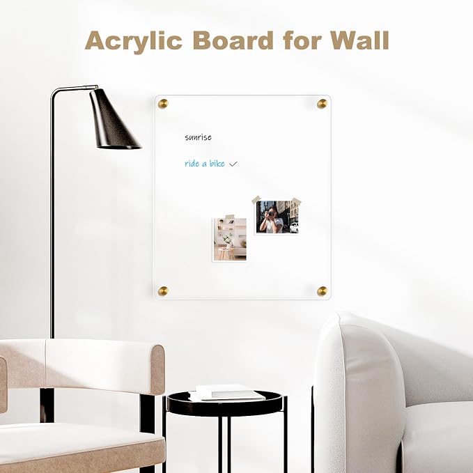 Clear Acrylic Dry Erase Board, 14" X 12" (Golden) | Non-Magnetic Frameless Clear White Board for Wall, Erasable Acrylic Board for Wall, Home, Office, School, 2 Markers