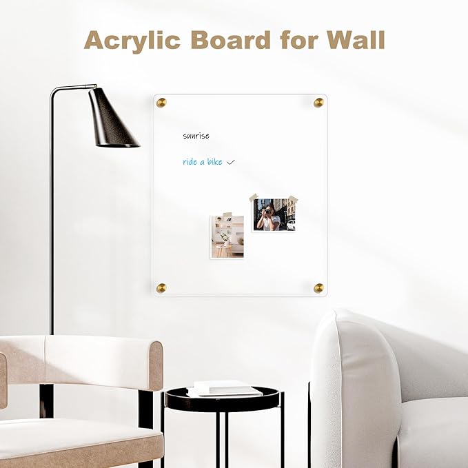 Clear Acrylic Dry Erase Board, 12" X 14" Golden Non-Magnetic Frameless Acrylic White Board for Wall, Clear Erasable Menu Board for Wall, Home, Office, School, 2 Markers