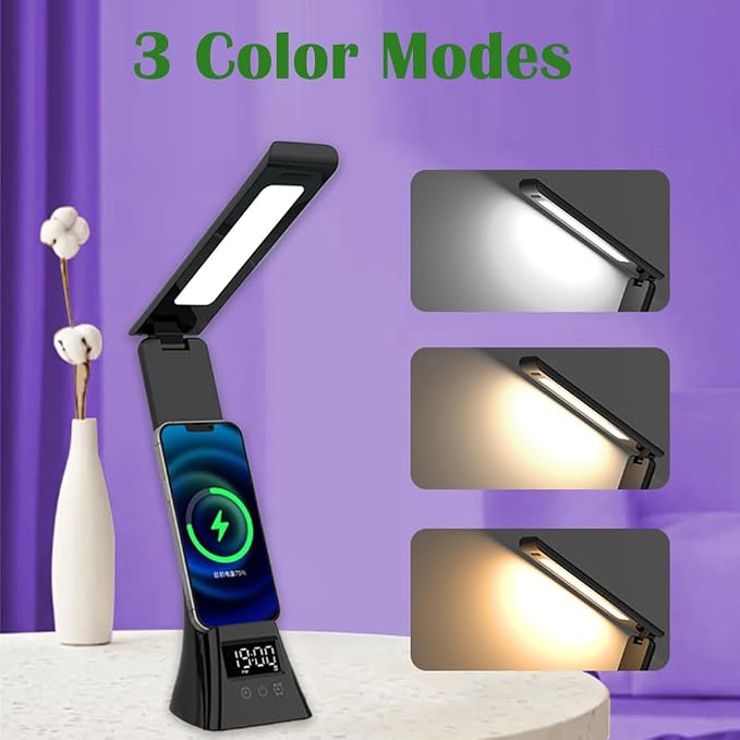 IHAO 3in1 Foldable Eye-Care Desk Lamp with 15W Wireless Charger & Digital Clock Touch Control, 3 Color Temperatures, Alarm, 180° Foldable, Phone Stand, Modern LED Table Lamp TYV-2088 White