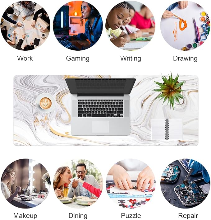QiyI White Mouse Pad, Cute Marble Large Desk Mat, PU Leather Desk Protector Mousepad, Gold Grey Striped Waterproof Computer Keyboard Gaming Mouse Pads, Non Slip Extended Writing Pad 31.5" x 11.8"