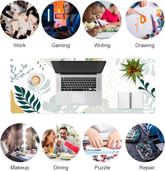 Faux Leather Large Mouse Pad, Office Desk Mat, 31.5"x11.8", Green White | Desk Décor Accessories, Extended Size, Waterproof & Easy to Clean, Smooth Surface, Non Slip Desk Organization