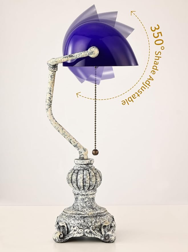 Retro Blue Glass Bankers Desk Lamp for Home Office,Library with Pull Chain Switch Plug in Fixture, LED Bulb Included