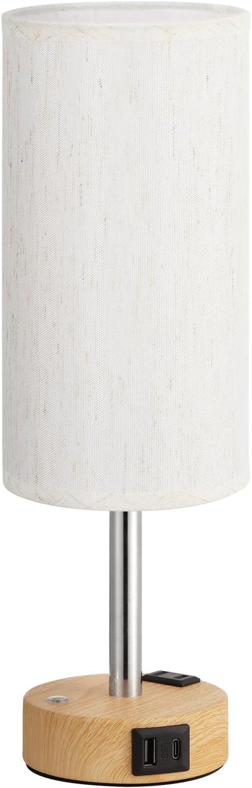 Touch Bedside Table Lamp with Memory - Stepless Dimmable Lamp for Bedroom, Small Nightstand Lamp with Dual USB Charging Ports and AC Outlet, Wood Night Light, Desk Lamp for Nursery, Living Room, Dorm
