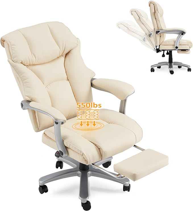 HOMREST Big and Tall Heavy Duty Office Chair 550LBS, Ergonomic Leather Executive Chair with 155° Recline, Large Back Pocket &Footrest, Computer Desk Chair for Heavy People, Beige