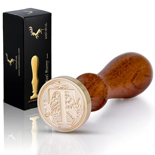 Medieval Initial Alphabet Sealing Wax Stamps, Brass Head Wooden Handle, for Thanksgiving Card/Envelope/Gift Wrap/Wedding Engagement Party Invitation -Letter T