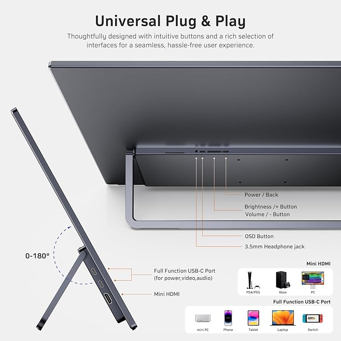 MNN Portable Monitor 23.8" 100Hz 1080P IPS, Ultra Slim Metal Body with Built-in Kickstand & Dual Speakers, USB-C HDMI External Display for Laptop PC Phone PS5 Xbox Switch, Home Office Gaming Monitor