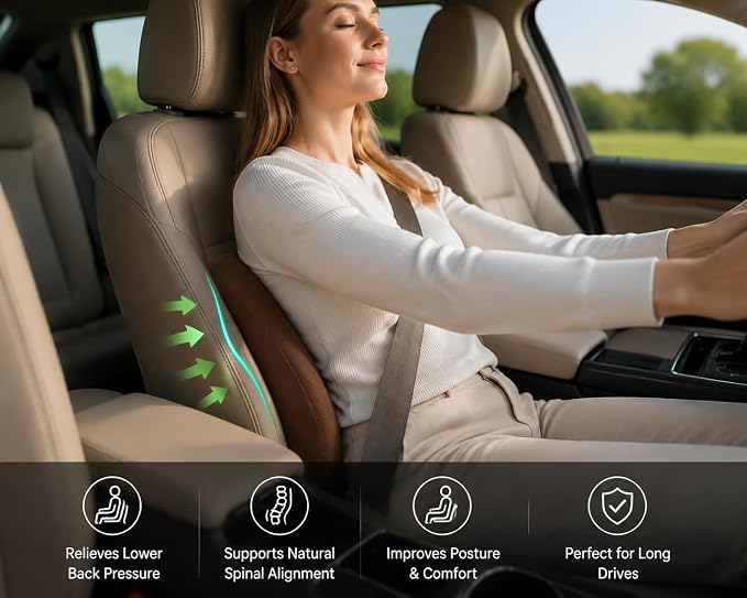Lumbar Support Pillow for Car, Ergonomic Memory Foam Back Cushion for Driving Comfort, Breathable Lower Back Support for Car Seat, Truck, SUV & Office Chair (Grey)