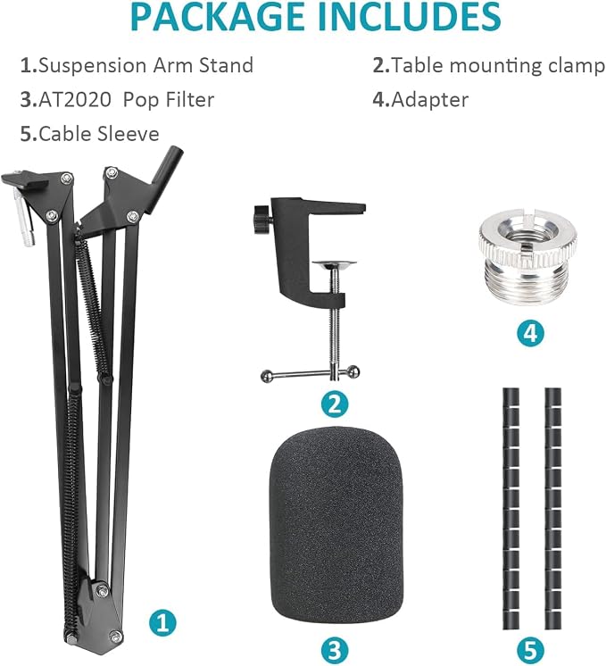 AT2020 Mic Boom Arm Stand with Pop Filter, Compatible with Audio-Technica AT2020, Audio-Technica AT2020V USB Microphone with Cable Sleeve by SUNMON