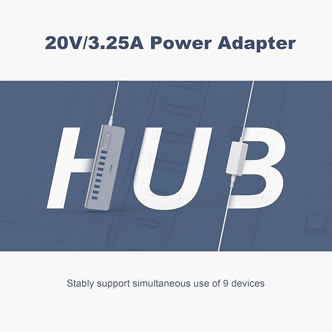 YH9AC Powered USB Hub 10Gbps, intpw 12-Port USB Splitter with USB A/USB C 3.2, 4 USB 3.0, 2 PD 45W Charging Ports, 65W Power Adapter + 3.3FT Cable, Aluminum USB Extender Hub for Laptop/PC/iPhone 16/15