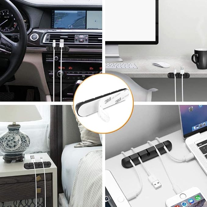 Cord Holder Cable Organizer Clips Cord Organizer for Desk, Nightstands | Self Adhesive, Office, Car, Black Silicone Cord Keeper, Cable Management, Wire Holders for phone charger Cords