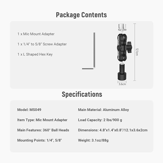 NEEWER Microphone Mount Adapter for Boom Arm Mic Stand Clamp Holder, 360° Dual Mini Ball Head Magic Arm Aluminum Alloy with 1/4" to 5/8" Screw Adapter, Max Load 2 lbs, MS049