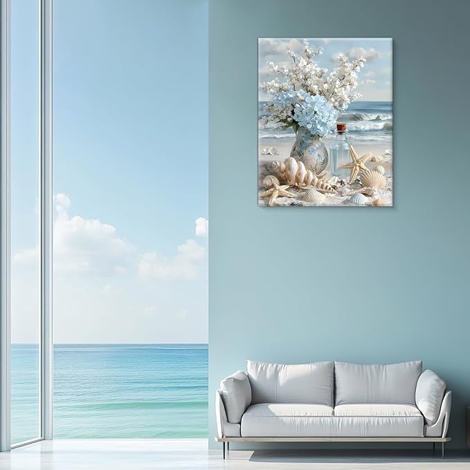Coastal Beach Floral Wall Art Decor Nautical Seashell Flower Vase Painting Picture Artwork Blue Ocean Wall Decor for Home Beach Room Bedroom 8x10 Canvas Framed