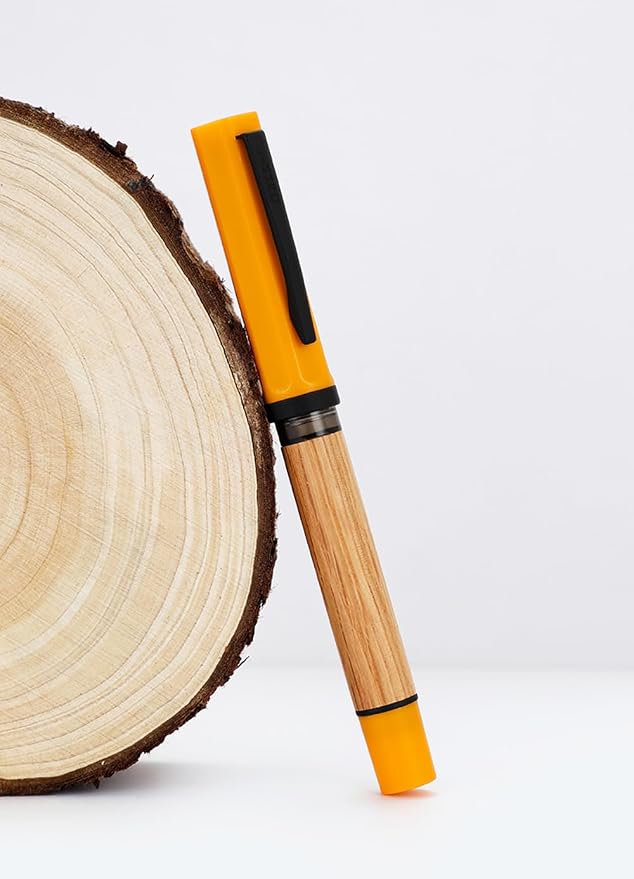 Jinhao 58 Natural Oak Wood Fountain Pen, Fine Nib Writing Pen (Turmeric) | Handcrafted natural oak wood pen with converter. Elegant executive gift for journaling, sketching & calligraphy.