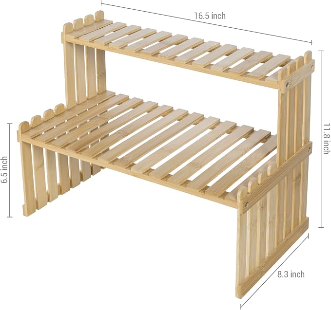 MyGift Bamboo Desktop Plant Stand, 2 Tier Slatted Shelf Organizer Rack | Natural bamboo stand adds two tiers for displaying plants, décor and essentials while keeping desks and countertops organized