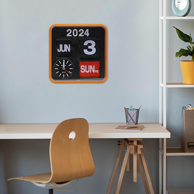 Retro Modern 9.45 Inches Calendar Day Date Flip Desk Wall Clock (Orange Frame)(No Battery Included)