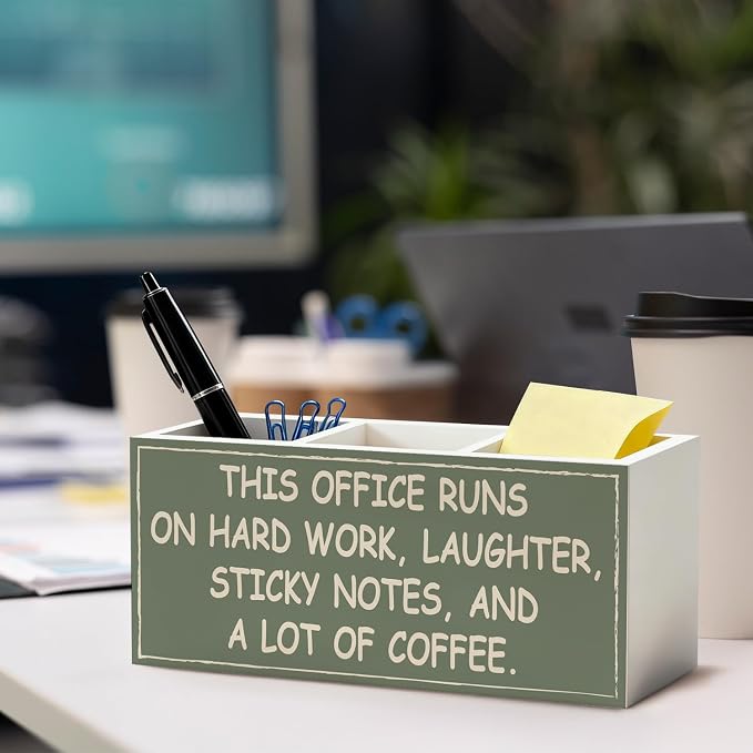 Funny Office Pen Pencil Holder for Desk | Office Humor and Coworker Gifts for Women Men, Green Wood Desk Organizer for Office Tabletop