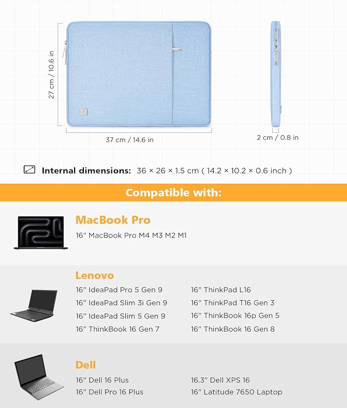 NIDOO Laptop Sleeve 16 inch Computer Carrying Case Cover for 16" Thinkbook 16p/ T16 Gen 3/ E16 Gen 2/ L16 / T16 Gen 3/16" MacBook Pro M4 M3/ Dell Pro 16 Plus HP ASUS Samsung