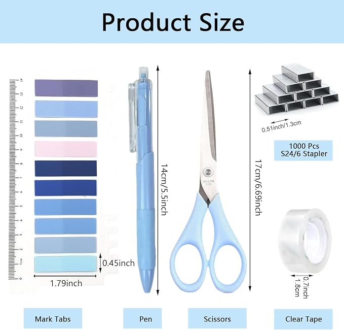 Office Supplies,Blue Desk Accessories,Office Supplies Set,Stapler and Tape Dispenser Set,Scissors,Staple Remover,Binder Clips,Staples,Ballpoint Pen,Index Tabs with Ruler,Clear Tape.9pcs for Office
