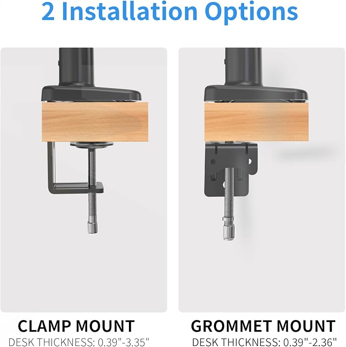 Single Gas Spring Monitor Arm for 13-32 Inch Monitors, Desk Mount | Supports 19.8 lbs | Smooth Gas Spring | Full Motion | C-Clamp & Grommet | Cable Management | VESA 75×75/100×100 mm