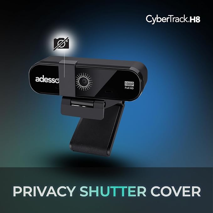 Adesso CyberTrack H8 Webcam 1080P Full HD with Auto Focus Lens, Dual Microphones Noise Cancellation, Privacy Shutter, Tripod Mount, USB Computer Camera for Video Conferencing