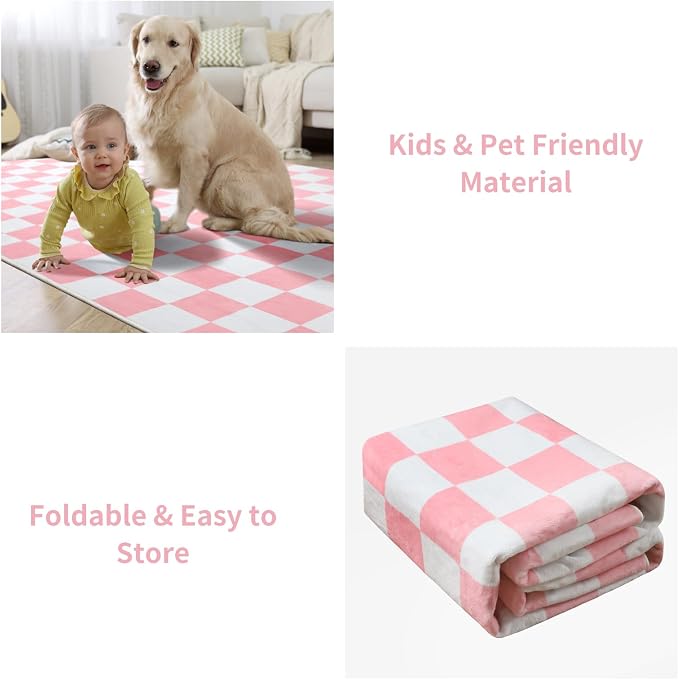 Terrug Pink and White Checkered Rug for Living Room,6x9 Area Rugs Washable with Non Slip for Bedroom,Soft Low Pile Stain Resistance Retro Carpet for Dorm Kids Room
