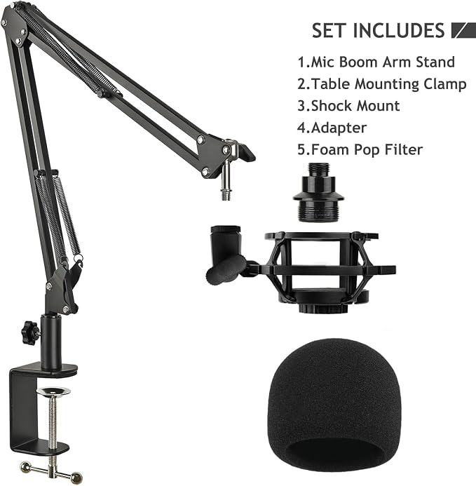 Razer Seiren Mini Boom Arm Mic Stand with Pop Filter, Shock Mount, Upgraded Heavy Duty Clamp, Adjustable Suspension Scissor Boom Arm Stand for Razer Seiren Mini USB Streaming Microphone Frgyee