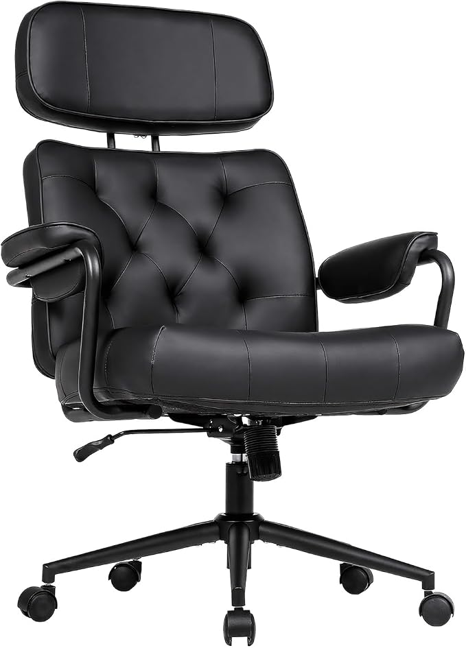 Mid Century Modern Home Office Desk Chair, Ergonomic Office Chair Big and Tall, High Back Executive Office Chair Leather Extra Wide, Computer Chair Comfy, Adjustable Height Rolling Chair, Black 4PC
