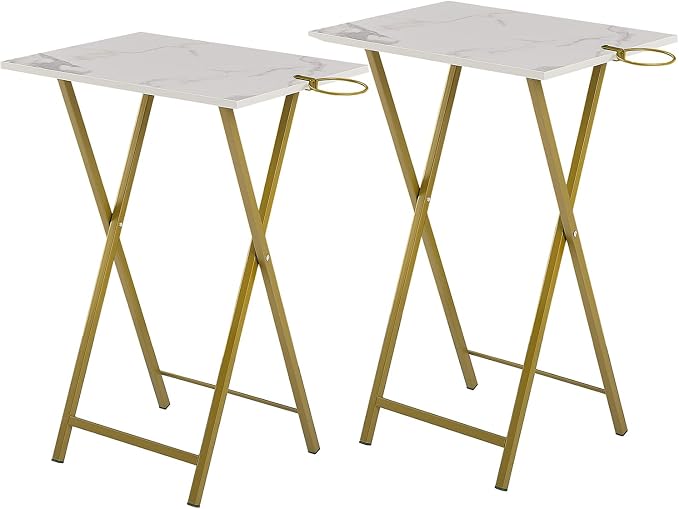 VECELO Folding TV Tray for Eating Set of 4, Portable Dinner/Snack Table with Cup Holder for Couch, Living Room and Small Space, Gold