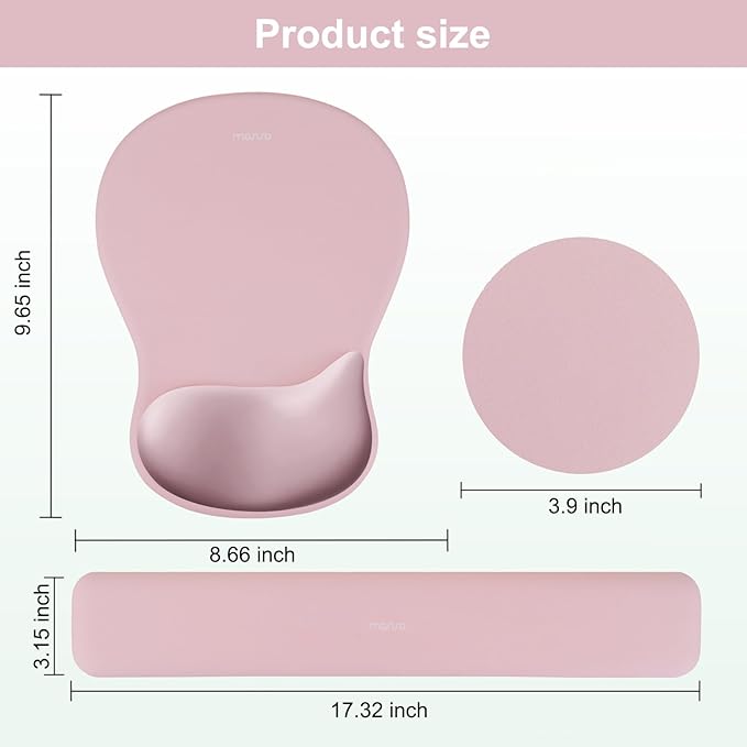 MOSISO Wrist Rest Support for Mouse Pad&Keyboard Set, Ergonomic Mousepad&Coaster, Non-Slip Base Home/Office Rectangular Easy Typing Cushion Pad with Soft Cloth&Curved Concave Memory Foam, Pink