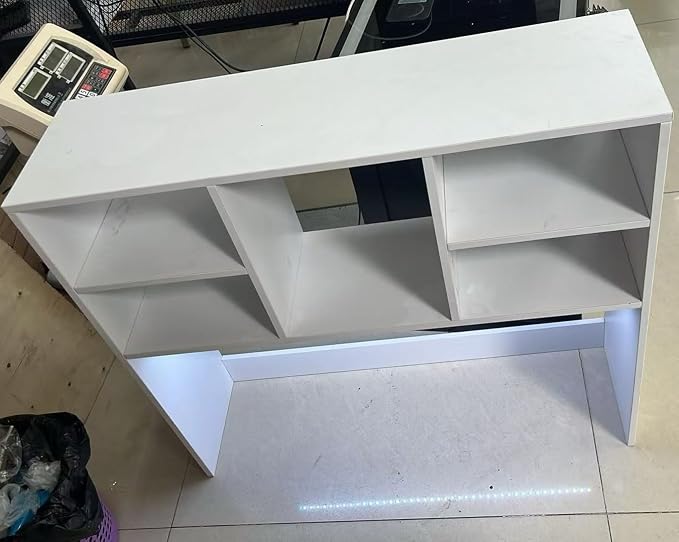 Desktop Bookshelf Organizer for College Dorm, Desk Hutch with LED Light Strip, Outlets, and Storage Shelves, White