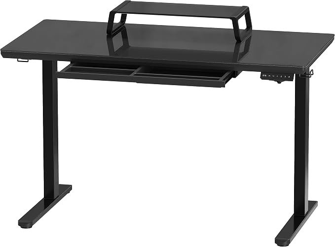 SHW 48-Inch Glass Electric Height Adjustable Standing Desk, Black | w/ Monitor Riser | Memory Presets and Cable Management | Drawer with Built-in Compartments | Hanging Hooks