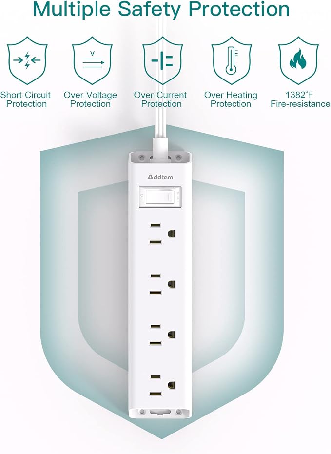 Flat Plug Power Strip, Ultra Thin Flat Extension Cord - Addtam 12 Outlet 3 Sides Multiple Outlets, 5Ft, 1050J Surge Protector, Wall Mount, Desk Charging Station for Home Office Dorm Room Essentials