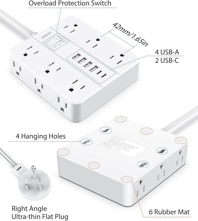 Power Strip 20ft Extension Cord,SMNICE Flat Plug with 12 Outlets 6 USB(2 USB C),Power Strip Charging Station with Overload Protection for Home, Dorm,Office