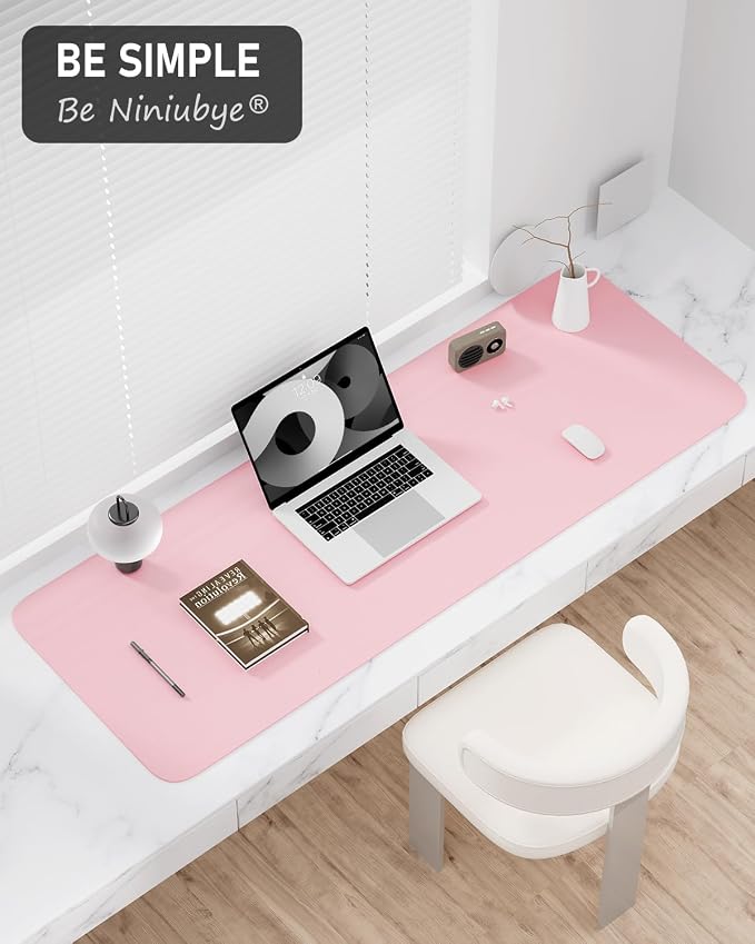 Desk Pad, 48" x 17" PU Leather Non-Slip Desk Mat Large Mouse Pad for Desktop, Waterproof Laptop Computer Writing Mat for Office, Home, Work, Gaming, Light Pink