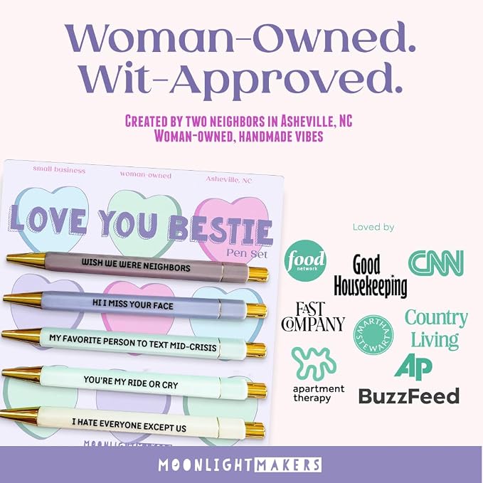 Moonlight Makers - Set of 5 Ballpoint Pens Black Ink - Engraved Funny Pens for Adults - Love You Bestie Appreciation Adult Gifts - Ideal Desk Decor for Work & Office Desk - Cute Packaging, Handy Clips