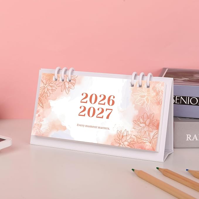 Small Desk Calendar 2026-2027, Pink Monthly Desktop Calendar - Runs From January 2026 Until December 2027, 6.3" x 3.1", Mini Standing Flip 2026 Calendar for Home, School and Office Supplies