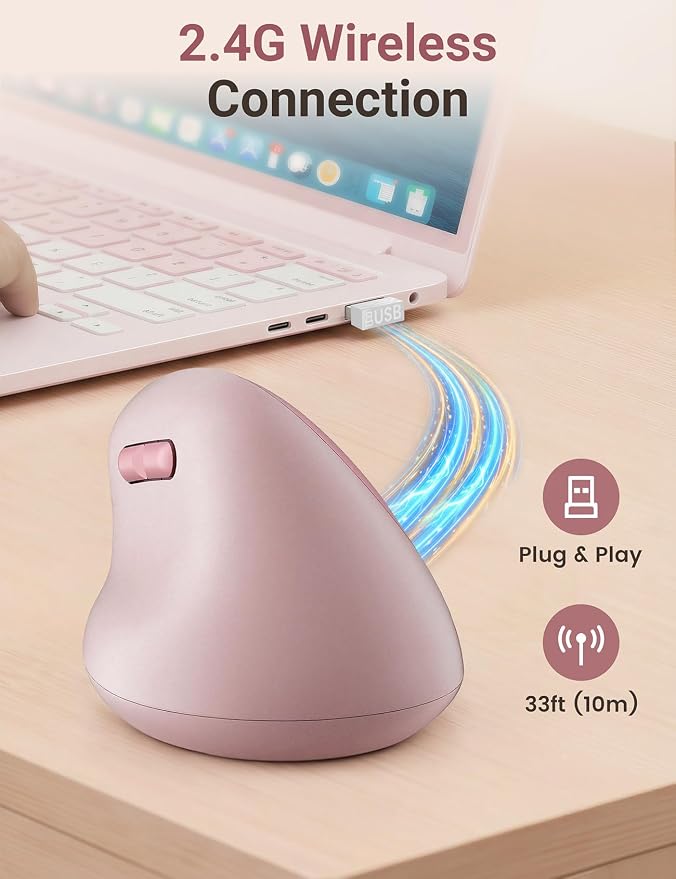 Ergonomic Vertical Wireless Mouse, 57°, Small/Medium Hands, Pink | Rechargeable, Quiet Click, 800/1200/1600 DPI, 2.4GHz USB Receiver, Forward/Back Buttons, Computer Mouse for Laptop PC Mac