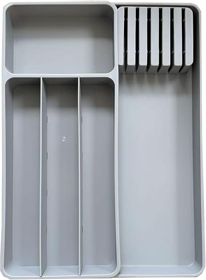 Expandable Silverware Organizer, Detachable Plastic Cutlery Tray with 5 Slots & Independent Knife Slot, Adjustable Flatware Divider for Spoons Forks Knives, 6.6-15.3 x 11.4 x 2