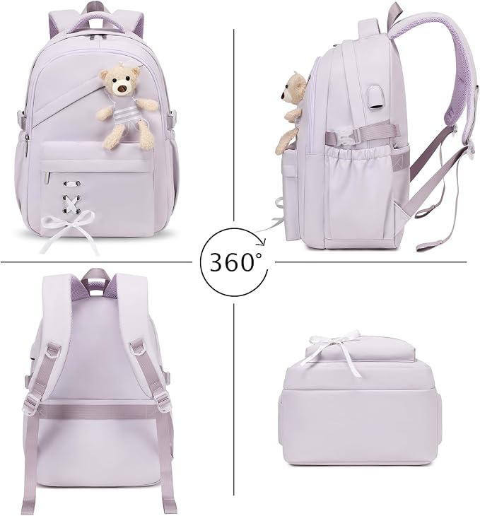 ACESAK School Backpack for Girls - 3 PCS Cute Girls Backpack with Lunch Box & Pencil Case - Kawaii Casual Kids Bookbag School Bag Daypacks Set for Elementary Middle High School Student Teens (Purple)