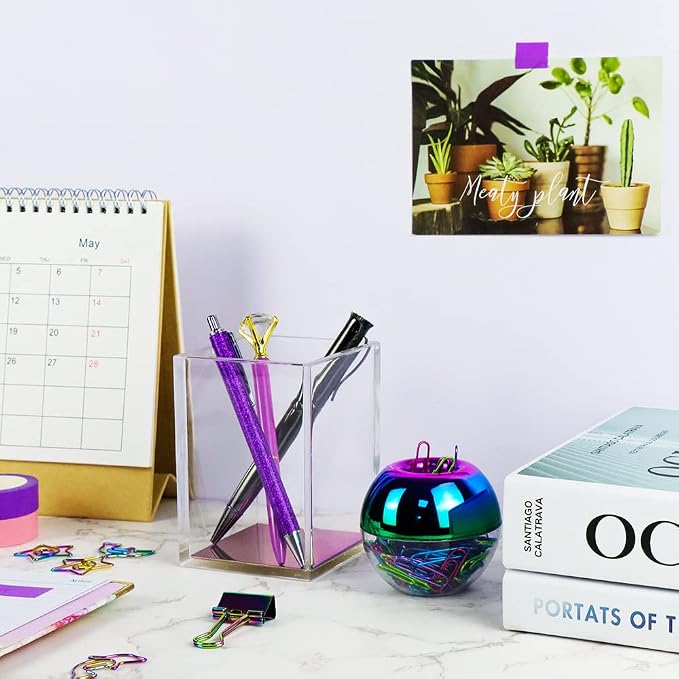 MEI YI TIAN Clear Acrylic Pencil Pen Holder Cup Colorful Rainbow Bottom Desk Organizer Makeup Brushes Holders for Office School Home Desktop Organizers Supplies