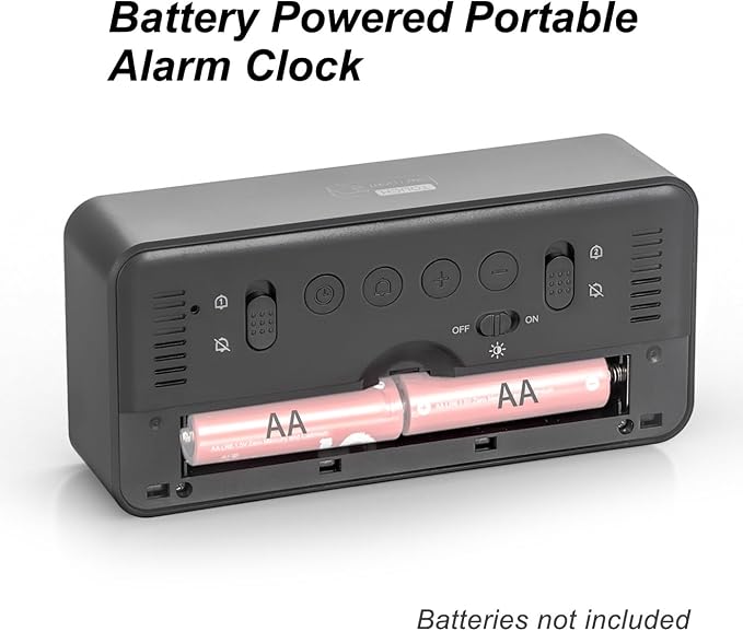 Digital Alarm Clock Battery Powered with Date | Indoor Temperature | Humidity | LCD Display | Dual Alarms | Snooze and Backlight Desk Small Clock (Black)