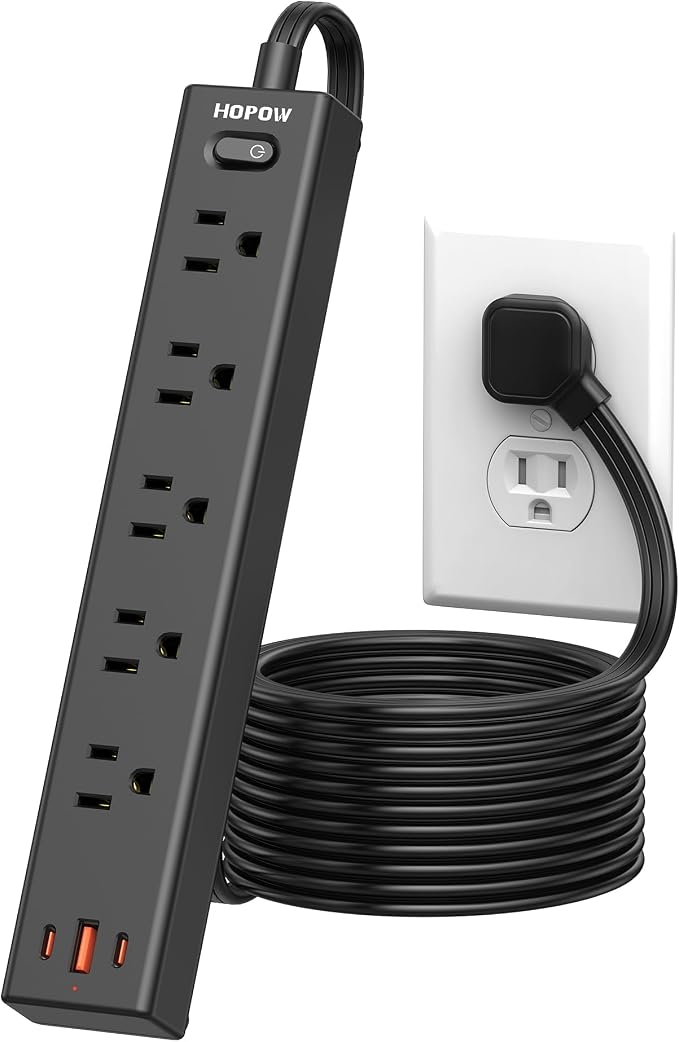 HOPOW Power Strip Surge Protector, 10 Ft Ultra Flat Extension Cord, Surge Protector with 5 Outlets & 3 USB Ports (2 USB C), 1700 Joules, Wall Mount, Desktop Charging Station for Home Office, Black